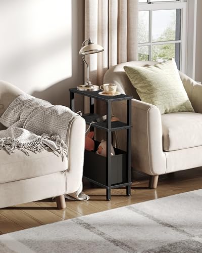 CHOEZON Small Narrow Side Table with Charging Station, Skinny End Table with Fabric Basket, Slim Nightstand for Small Spaces, Sofa Side Table, for Living Room, Bedroom, Black TBZ07UBB