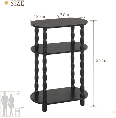 MaxSmeo Small Black Side Table, 3-Tier Narrow End Table with Storage