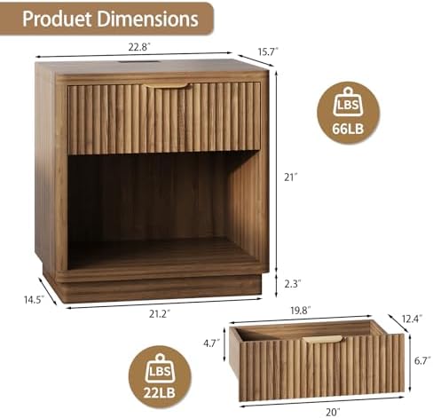 Fluted Nightstand Set of 2 with Charging Station,Drawer & Open Shelf,Walnut