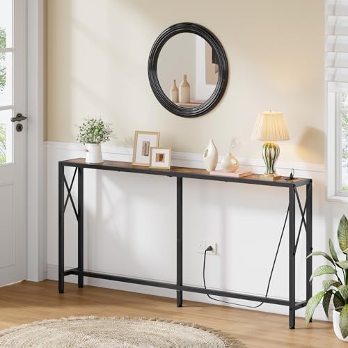 Gewudraw Narrow Console Table - 55.1" Sofa Table Behind Couch with Socket