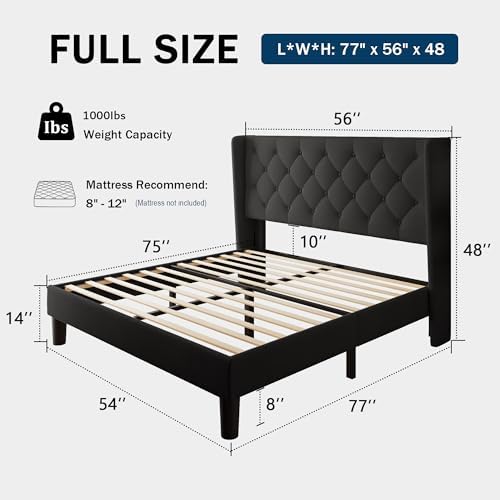 GalnFu Full Size Bed Frame with Button Tufted Headboard, Upholstered Platform Bed Frame with UnderBed Storage, Wooden Slats Supports, Noise Free, No Box Spring Needed, Easy Assembly, Black