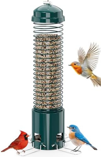 Squirrel Proof Bird Feeder, Metal Bird Feeders for Outdoors Hanging, 3.6LB Large Seeds Capacity for Wild Birds, Finch, Cardinal, Blue Jay, Chickadee, Green