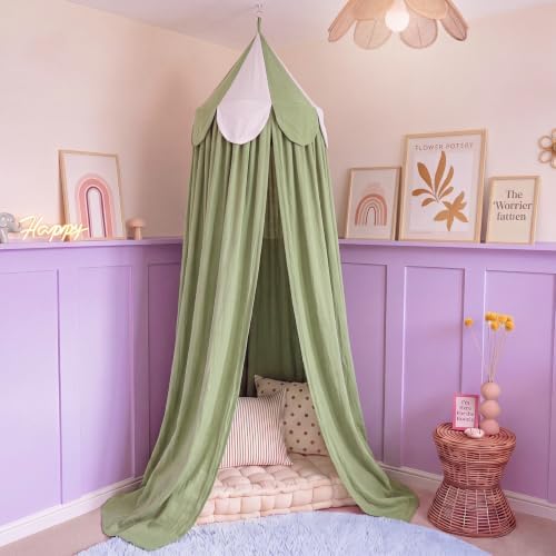 Bed Canopy with Scalloped Edge, 2 Panel Striped, Green