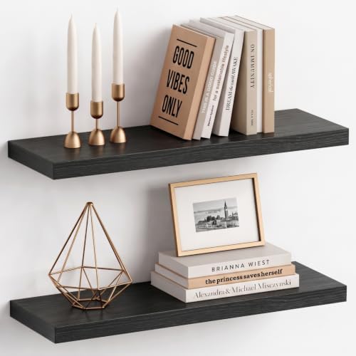Black Floating Shelves 24 Inch, Modern Wall Hanging Book Shelf for Bedroom
