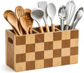 Kitchen Utensil Holder, 3 Compartment Large Wooden Utensil Organizer