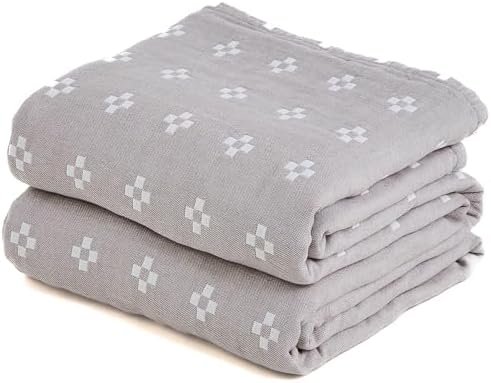 Checkered Flower Muslin Blanket for Sofa 60"×80" Grey/Off White