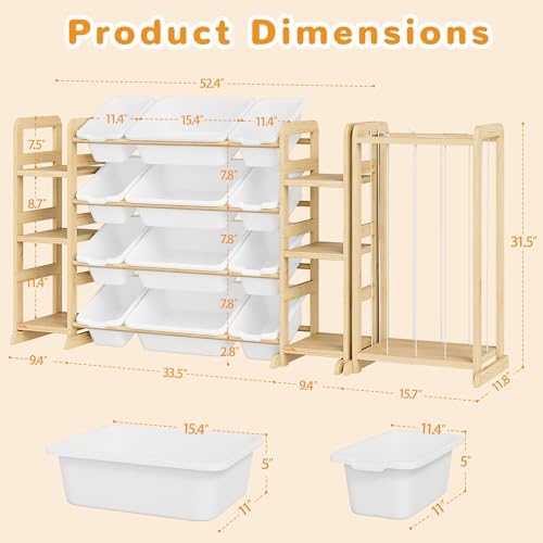 Toy Storage Organizer 12 Bins, 6 Shelves and Stuffed Animal Storage Tower, 3-in-1 Toy Organizers and Storage, Kids Storage Organizer for Playroom, Bedroom, Nursery (Wood-Plushies Storage)