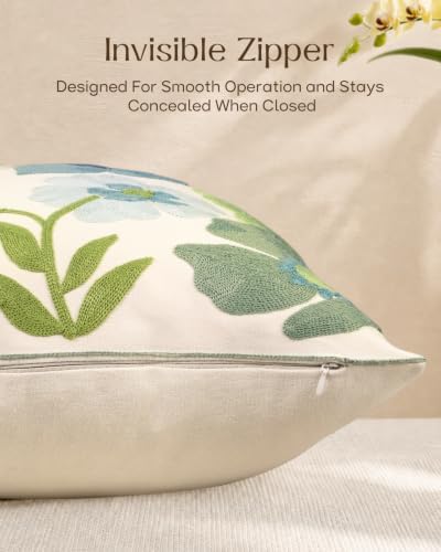 Embroidered Throw Pillow Covers 18x18 Inch, Set of 2, Teal Flower