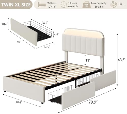 GarveeHome TwinXL Bed Frame, Platform Bed with Storage Headboard & Drawers