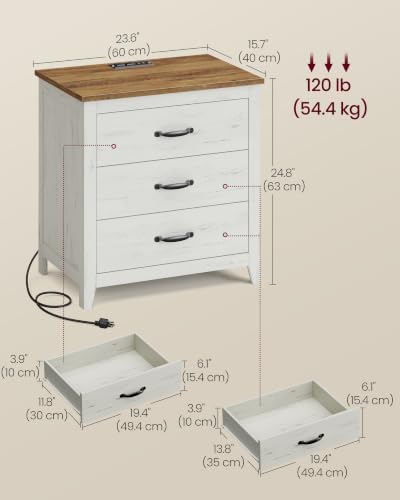 VASAGLE 23.6‑Inch Farmhouse Nightstand with Charging Station, 3 Drawers