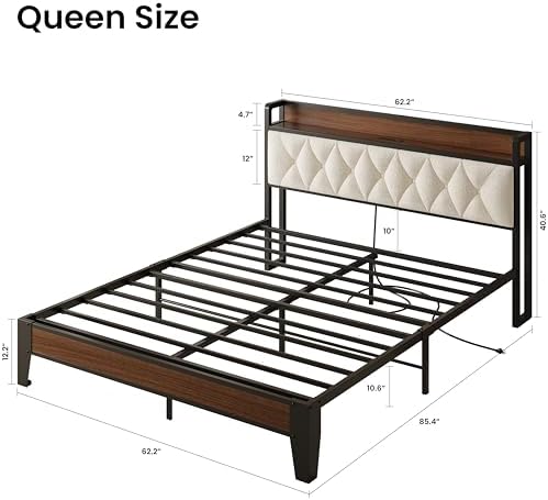 ANCTOR Queen Bed Frame with Headboard & Charging Station,Wood and Cream