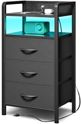 Lazzanto Nightstand with Rear Charging Station, LED Light, 3 Drawers, Black