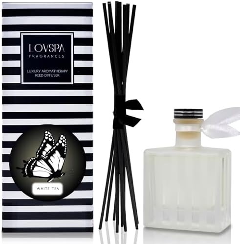 Reed Diffuser Set, White Tea Scented Oil Diffuser with Sticks, Home Fragrance Accessories for Bathroom Shelf Decor, Aroma Diffusers for Home or Office Desk, USA Made