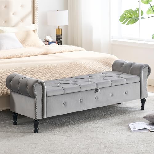 Storage Bench 67" Velvet End of Bed Benches Light Grey