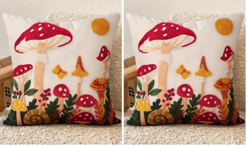 Embroidered Throw Pillow Cover 18x18 Inch - Spring Summer Boho Decorative Pillow Cover with Zipper for Living Room Couch Sofa Bed Aesthetic Design Mushroom Moon Cushion Pillowcase (Pack of 2)