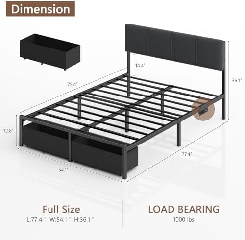 Furnulem Full Size Bed Frame with Upholstered Headboard & 2 Storage Drawers