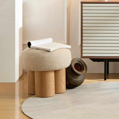 Teddy Ottoman Footrest Stool, Round Upholstered Vanity Stool for Bedroom