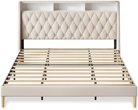 WLIVE King Size Upholstered Bed Frame with 48'' Tall Wingback Headboard, Velvet Square Tufted Platform Beds with Charging Station, Sturdy Metal & Wooden Slats Support, Beige