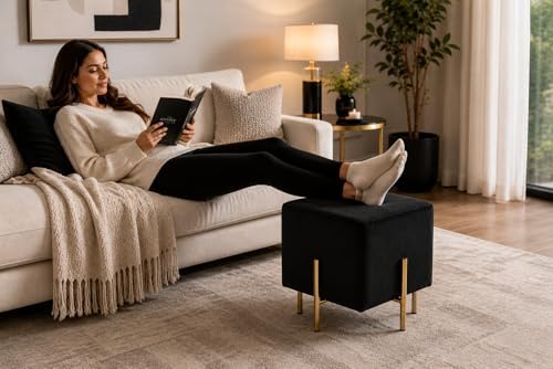 Kirpi Black Velvet Foot Stool Set of 2, Modern Luxury Vanity Ottoman Stools with Gold Legs, Cube Accent Foot Rest for Living Room Bedroom Makeup Vanity (Black)