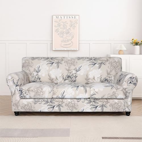 SearchI Stretch Sofa Cover Printed Couch Cover, Floral Pattern 4 Pieces Sofa Slipcover with 3 Separate Cushion Cover, Washable Furniture Protector for Living Room(Sofa, Flower Shadow)