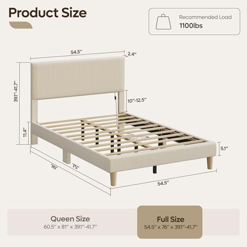 Bestier Full Size Bed Frame with Headboard,LED Light,Upholstered,Beige