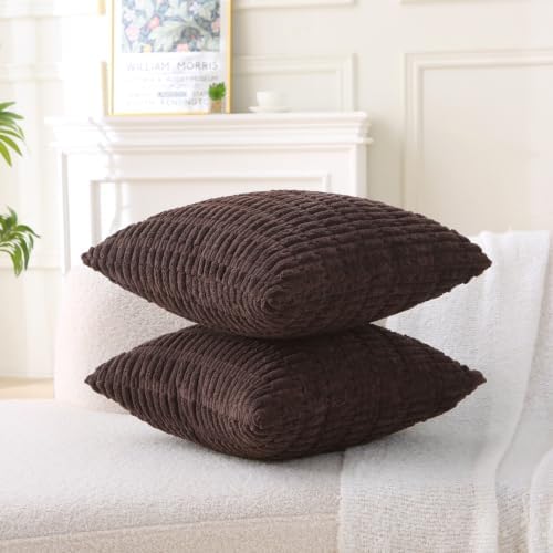 2 Pack Corduroy Decorative Throw Pillow with Inserts, 18x18 Inch Soft Boho Throw Pillow, Square Striped Throw Pillows for Couch, Bed, Sofa Decor
