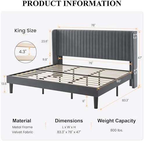 SHA CERLIN King Size Velvet Bed Frame, Tufted Wingback Headboard, Grey