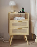 JOONEE Rattan Nightstand with Charging Station,Farmhouse Bedside Table with 2 Storage Drawer and Open Wood Shelf, for Bedroom and Small Spaces,Night Stand with Solid Wood Legs (Yellow Oak-Outlet)