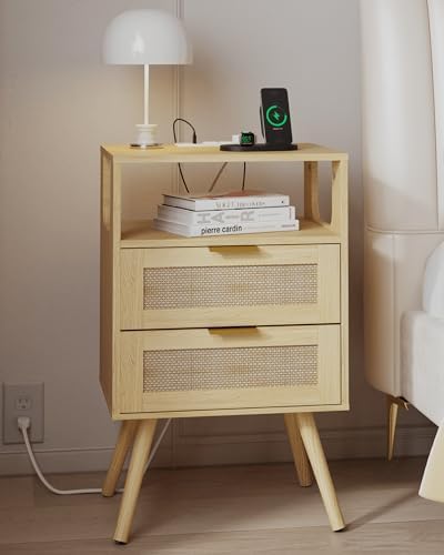JOONEE Rattan Nightstand with Charging Station,Farmhouse Bedside Table with 2 Storage Drawer and Open Wood Shelf, for Bedroom and Small Spaces,Night Stand with Solid Wood Legs (Yellow Oak-Outlet)