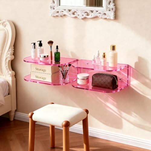 Acrylic Floating Nightstand, Wall Mounted Bedside Table (Pink, 15.7”×9.4“×5.9”)