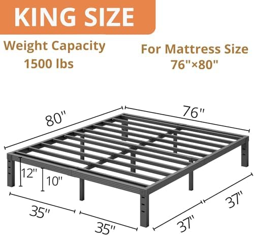 King Bed Frames, 12 Inches Platform Bed Frame, 3500lbs Heavy Duty Steel Slat, Non-Slip Design, No Box Spring Needed, Easy Assembly, Quiet Noise Free, Under Bed Storage Space, Black