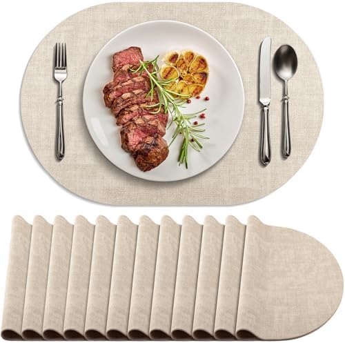 Faux Leather Oval Placemats Set of 12, Beige