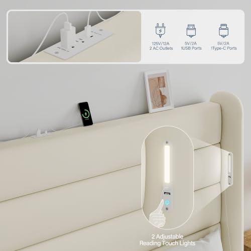 King Size Bed Frame with 59'' Tall Headboard with Readlight, White