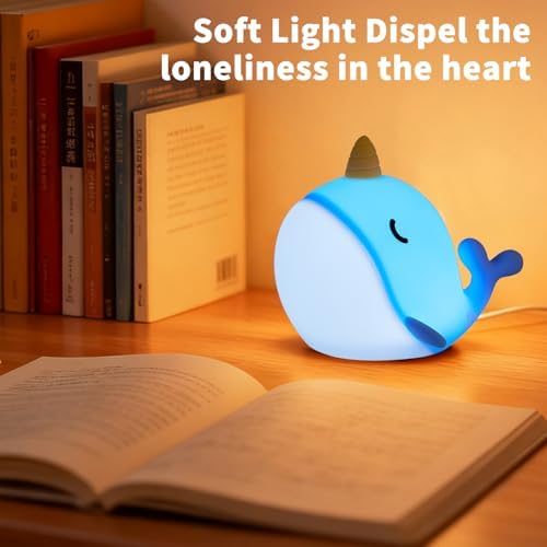 Narwhal Night Light, USB-C Rechargeable Silicone Lamp with Tap Control, 3-Level Dimming & 30-Min Auto Timer, 7-Color Changing Squishy Nursery Light, Birthday Gift for Kids