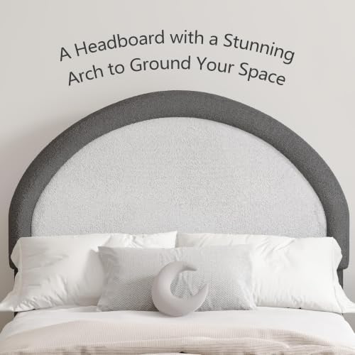 REVOMINCA Twin Bed Frames with Headboard, Boucle Upholstered Platform Bed Frame, Soft Rounded Corners, No Box Spring Needed, Easy Assembly, Grey&White