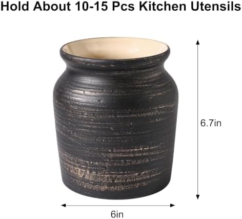 Ceramic Farmhouse Kitchen Utensil Holder for Countertop, Rustic Cooking Utensil Holder Crock Fit for Kitchen Counter. Copper Color.