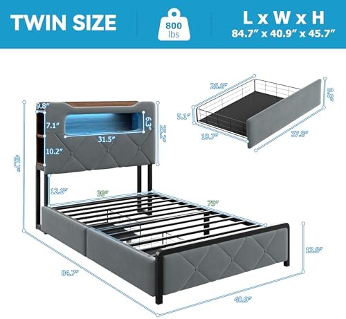 Jocoevol Twin Upholstered LED Bed Frame with 2 Storage Drawers and 2-Tier Storage Bookcase Headboard, Velvet Platform Bed for Kids/Girls/Boys, Heavy Duty Metal Support, No Box Spring Needed, Grey