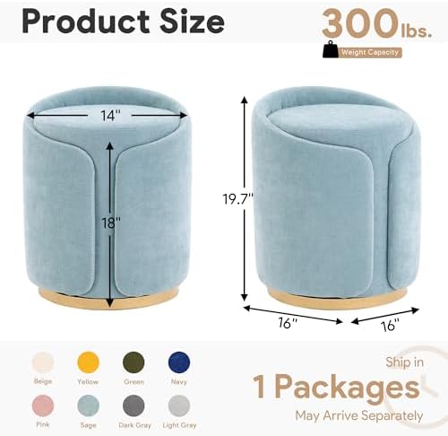 Swivel Vanity Stool with Back Comfy Vanity Chair with Gold Base Modern Round Stool for Makeup Vanity Ottoman Foot Rest for Bedroom livingroom (Sage)