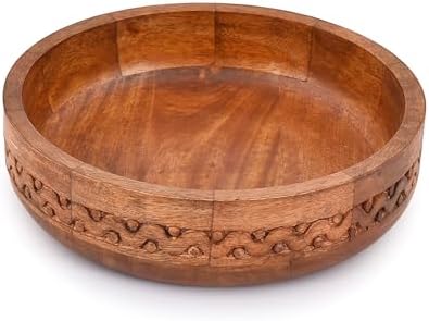 EDHAS Mango Wood Decorative Round Carved Bowl for Decoration, Centerpiece Bowl for Table (10" x 10" x 2.5")