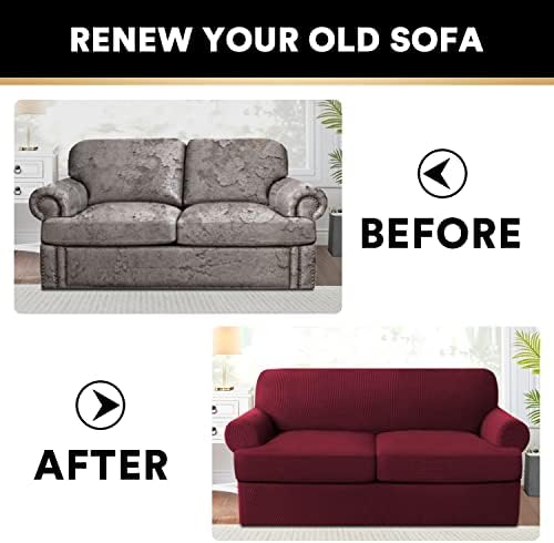 PrinceDeco T Cushion Loveseat Slipcover - 3 Pieces Sofa Cover for 2 Cushion Couch with 2 Individual T Shape Seat Covers Width Up to 76 Inch - Stretch, Machine Washable, Burgundy