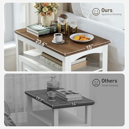 RALGEND Farmhouse End Table with 2 Drawers Set of 2, White and Walnut