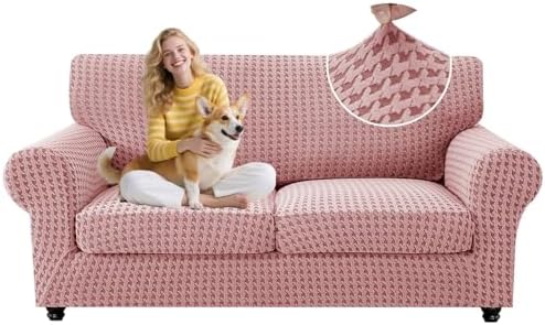 MAXIJIN 3 Pieces Stretch Couch Covers for 2 Cushion Couch Washable Sofa Cover with 2 Extra Large Seat Soft Loveseat Sofa Slipcovers with Non Slip Strap (Pink), 71"-91"(2 XL Cushions)