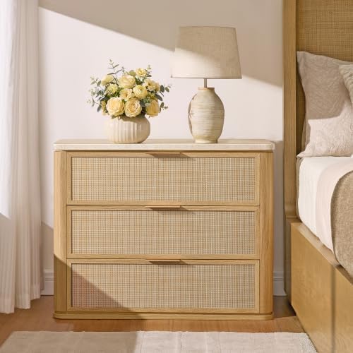 Night Stand, Rattan Nightstand with 3 Drawers
