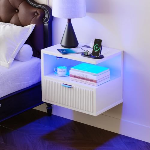 Homeiju Floating Nightstand with Charging Station, LED Lights and Drawer