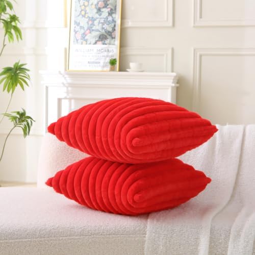 Decorative Throw Pillow with Inserts, Set of 2 Soft Faux Fur Throw Pillows, Square Boho Striped Pillow for Couch, Bed, Sofa Decor