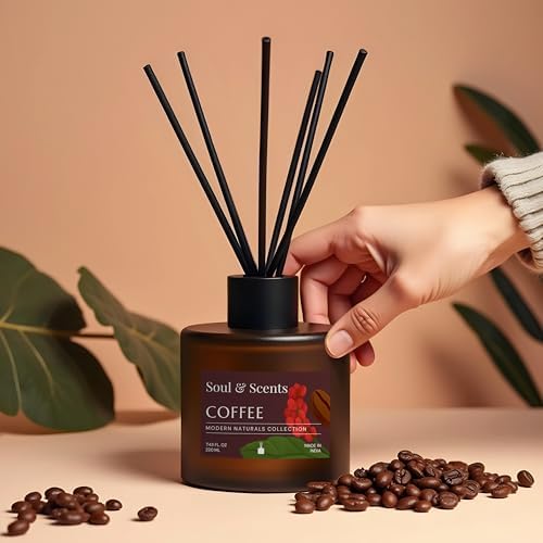 Soul & Scents Reed Diffuser Set – Coffee | 7.43 oz Refillable Scented Oil with 6 Fiber Sticks | Long-Lasting Home Fragrance & Air Freshener for Bedroom, Bathroom, Office | Gift & Décor Piece