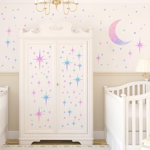 Retro Star Wall Decals Sparkle Wall Decor Stickers Rainbow Stars Moon Decal