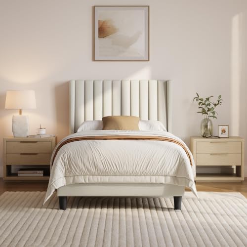 Yaheetech Twin Bed Frame with Headboard,Ivory Channel-Tufted Platform