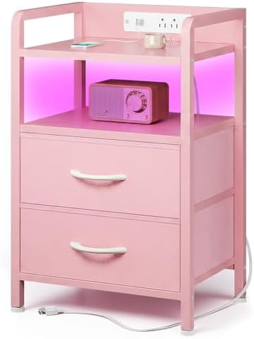 Lazzanto Nightstand with Rear Charging Station, LED Light, 2 Drawers, Pink