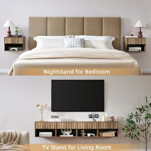 BuildHom Floating Nightstand Set of 2 with Fluted Drawer, Bedside Table